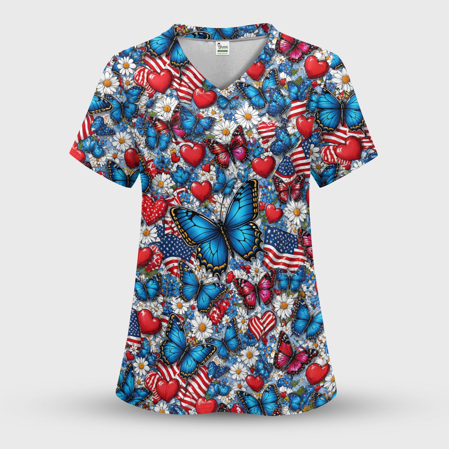 Festive Patriotic Butterfly Heart Floral Pattern Scrub Set, Scrub Pants and V Neck Top