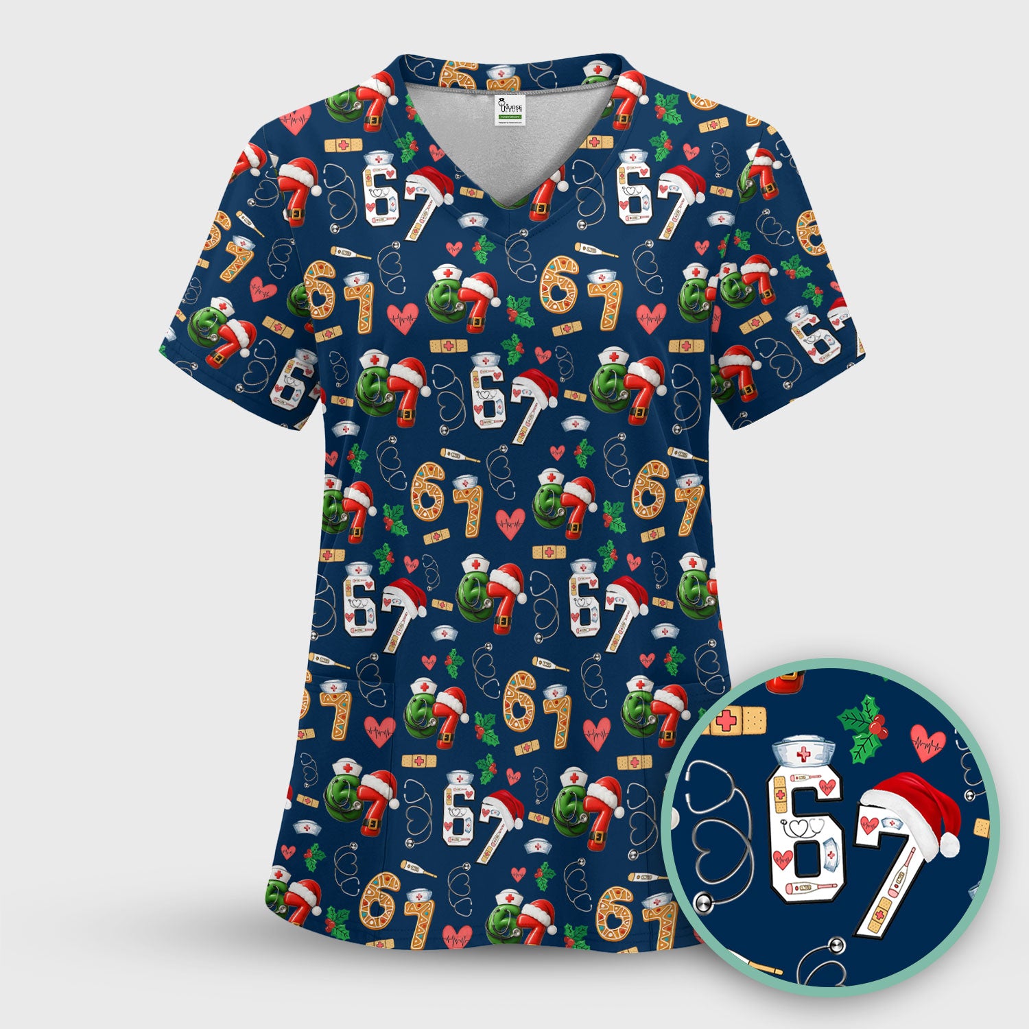 Christmas Nurse 67 Pattern Scrub Top, Cute Holiday Medical Shirt With Santa Hat, Uniform For Nursing