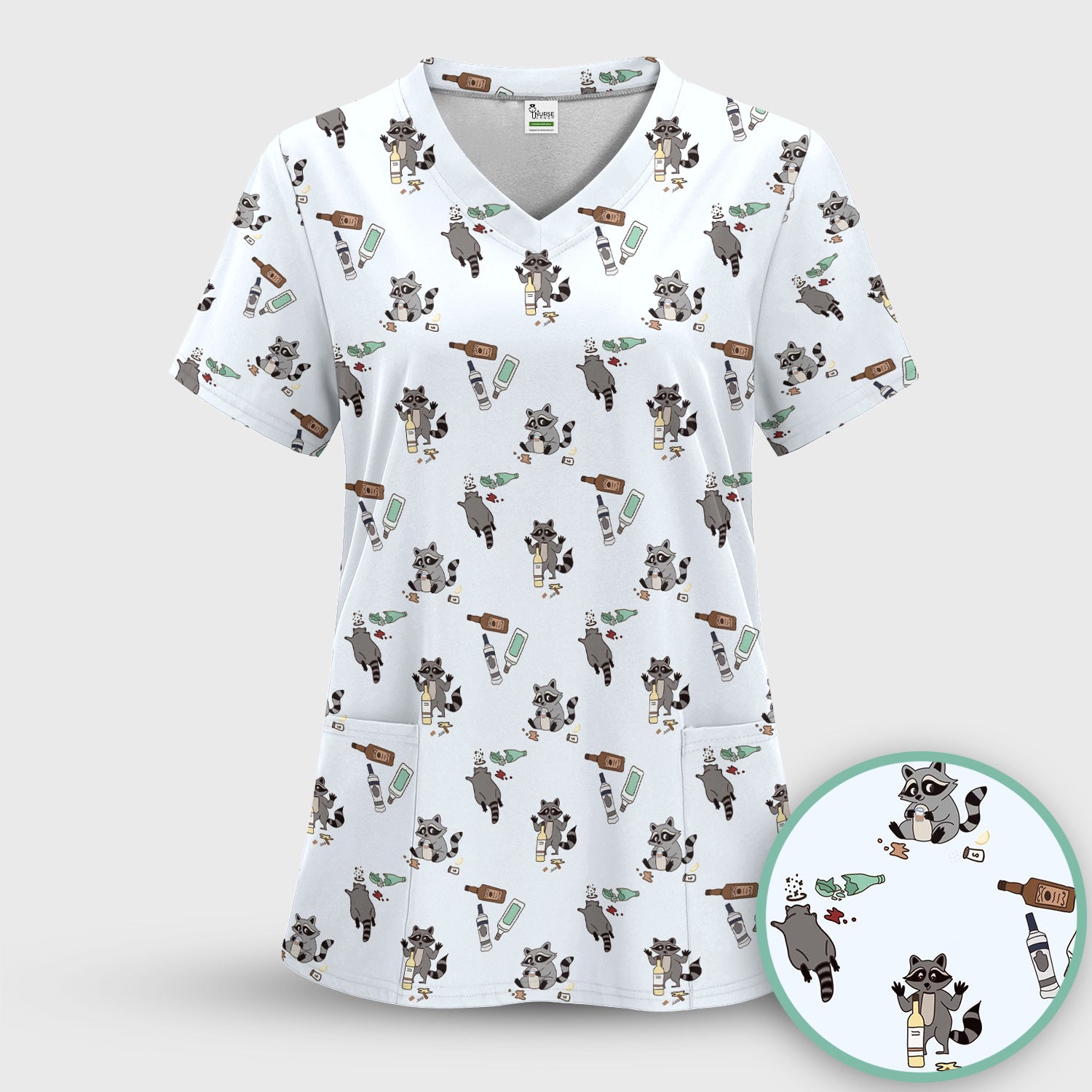 Messy Drunk Raccoon Pattern Scrub Top, Comfortable Scrubs for Nurses