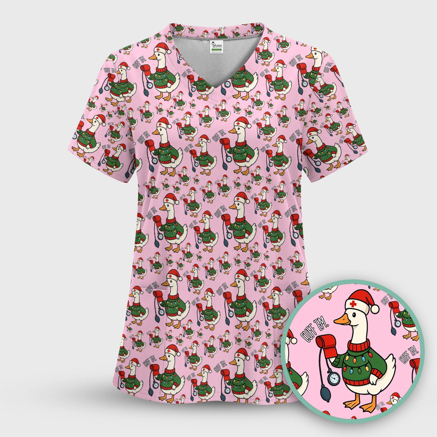 Nurse Christmas Duck Scrub Top, Cute Goose Pattern Scrub Shirt, RN LPN CNA Nursing Uniform