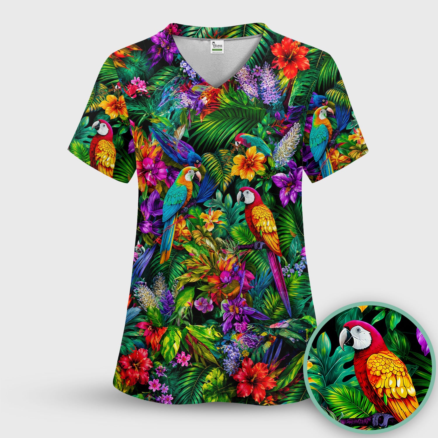 Tropical Parrot Jungle Blossom Pattern Scrub Set, Scrub Pants and V Neck Top