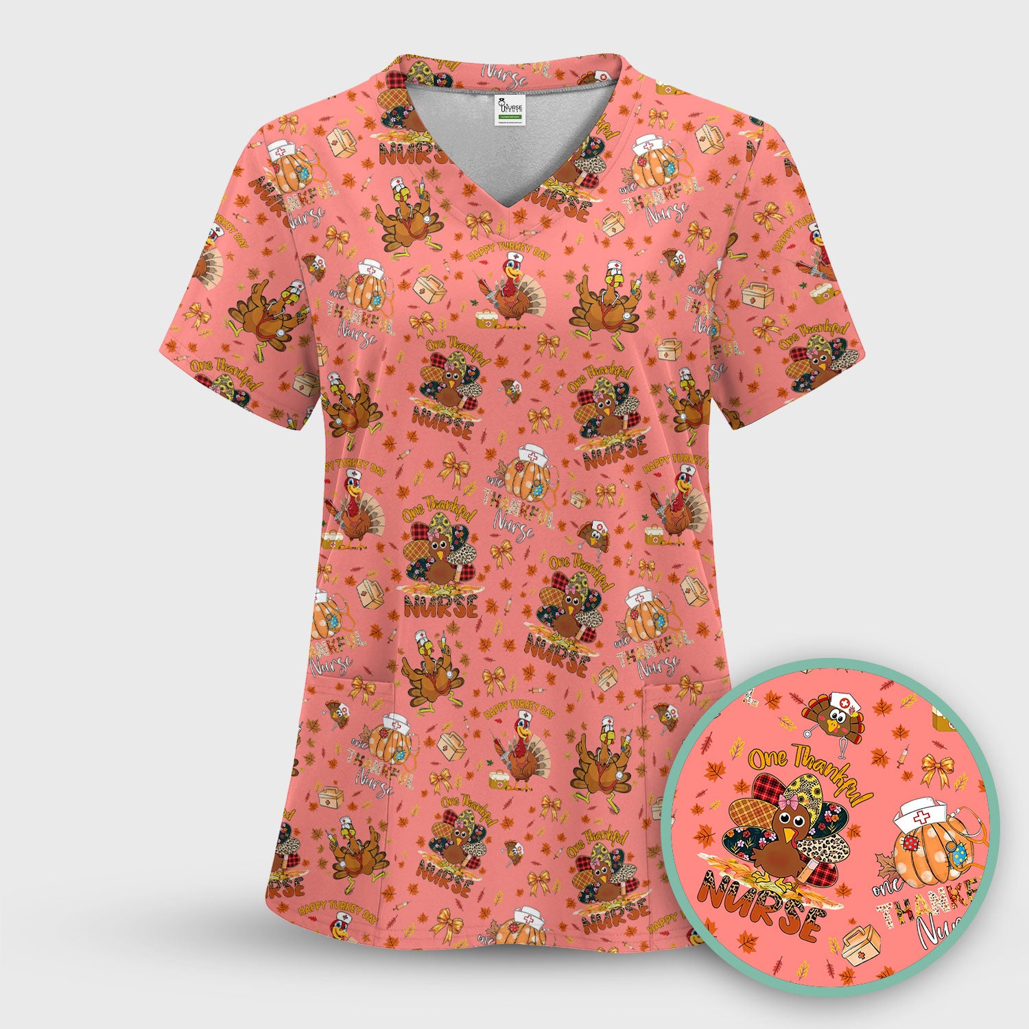 Thanksgiving Nurse Shirt for Women - Turkey Pumpkin Scrub Top for Nurses - Fall Med Uniform for RN CNA LPN