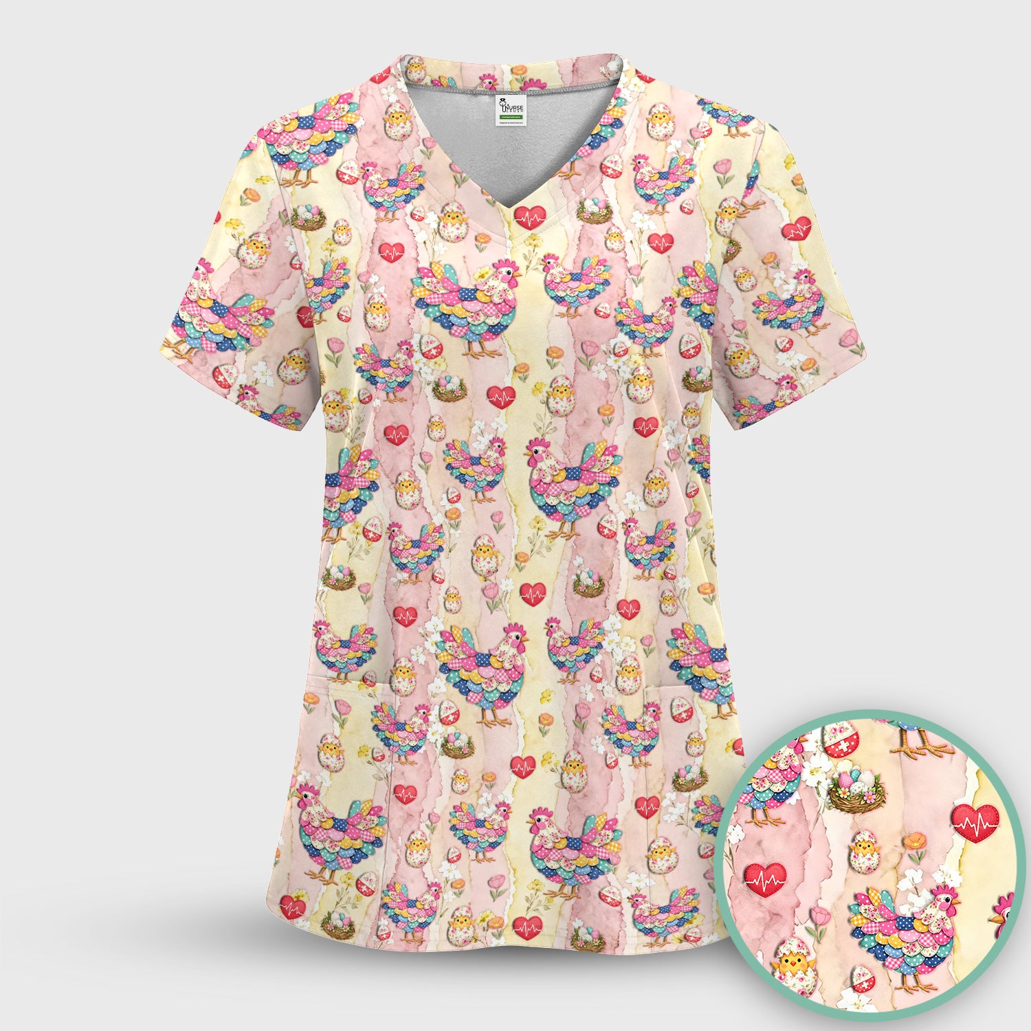 Colorful Chicken Easter Eggs Heart Pattern Scrubs Top, Breathable Fabrics Nursing Uniform