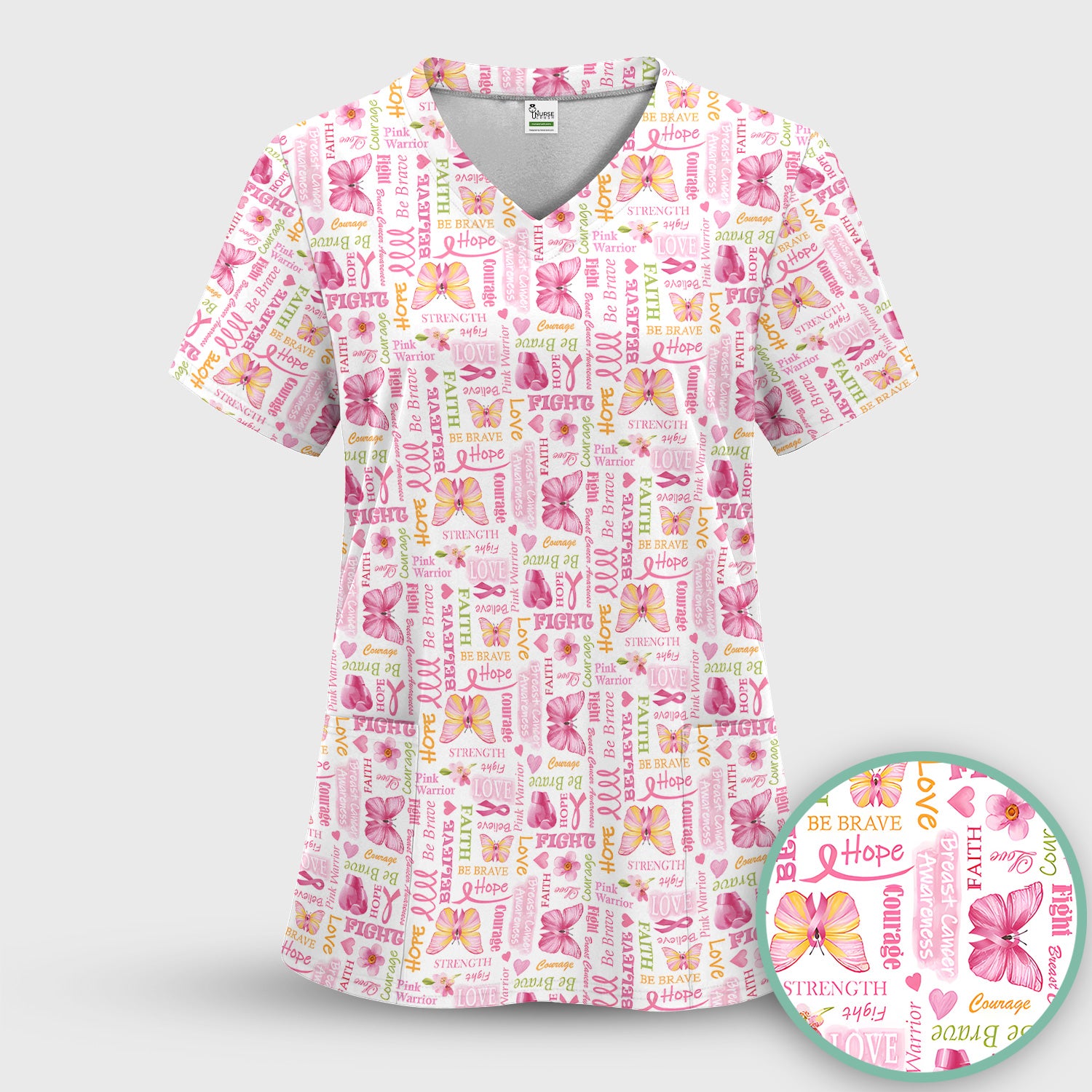 Pink Ribbon Butterfly Print Scrub Top, Comfortable Scrubs for Nurses