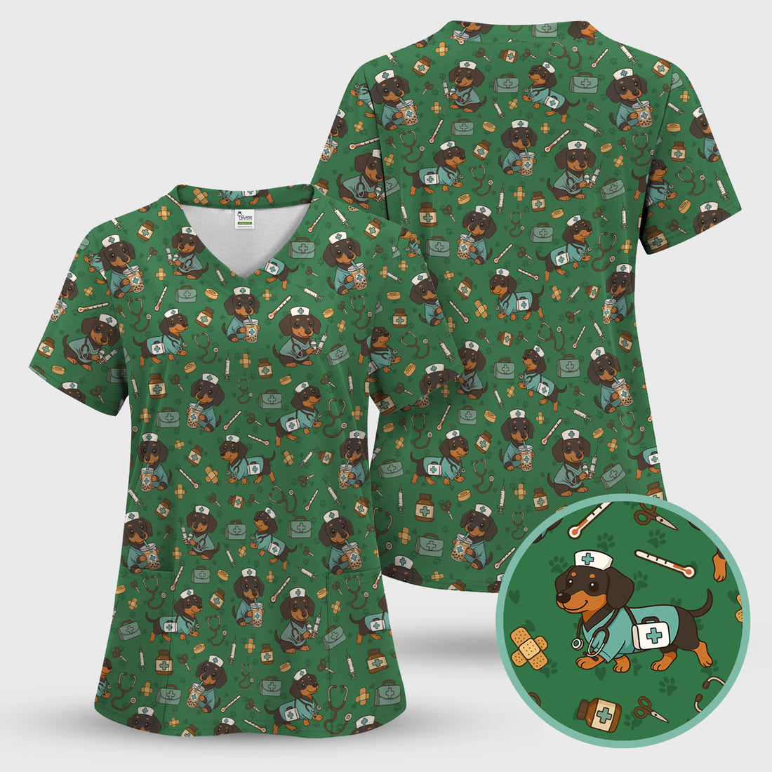 Funny Dachshund Nurse Scrubs - Cute Dog Print Medical Shirt - Holiday Nurse Scrub Top Gift for RN CNA Doctor, Women & Men