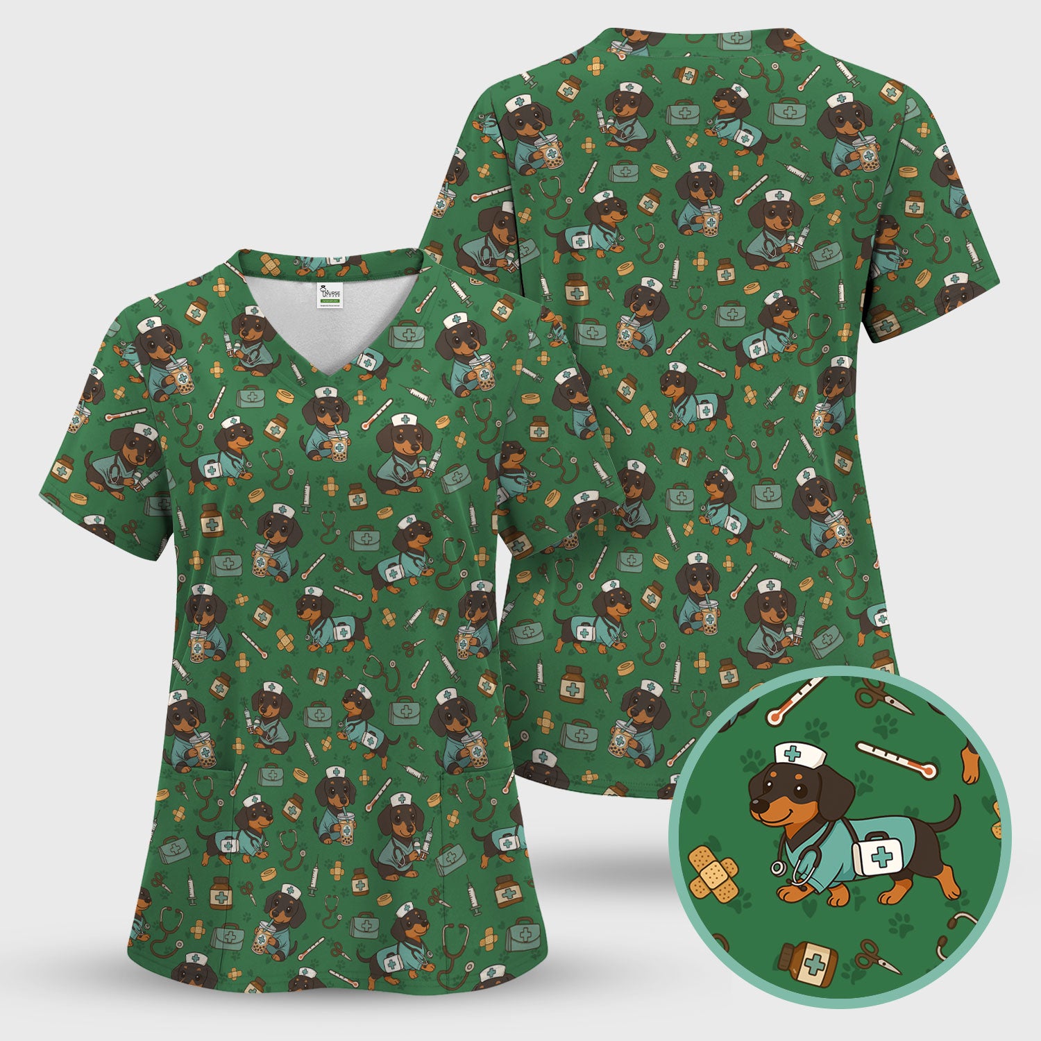 Funny Dachshund Nurse Scrubs - Cute Dog Print Medical Shirt - Holiday Nurse Scrub Top Gift for RN CNA Doctor, Women & Men