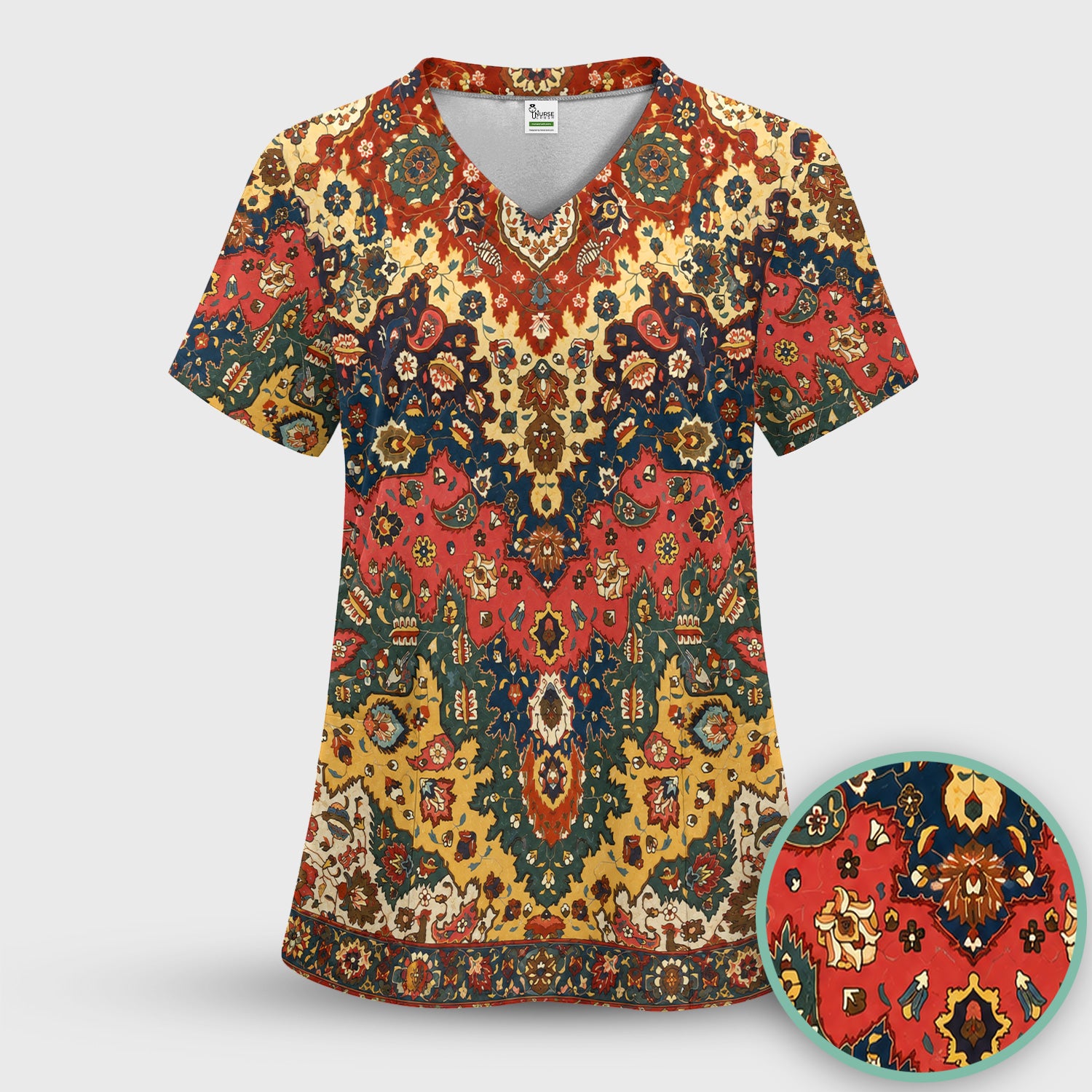 Vintage Persian Rug Floral Pattern Scrub Set, Scrub Pants and V Neck Top