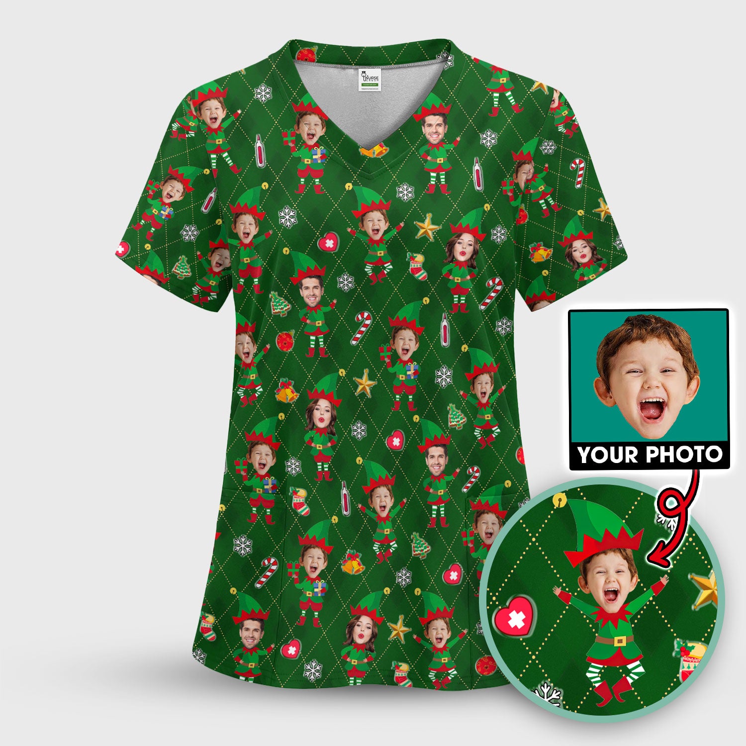 Personalized Face Nurse Shirt, Custom Photo Christmas Scrub Top, Funny Holiday Medical Uniform For Nursing