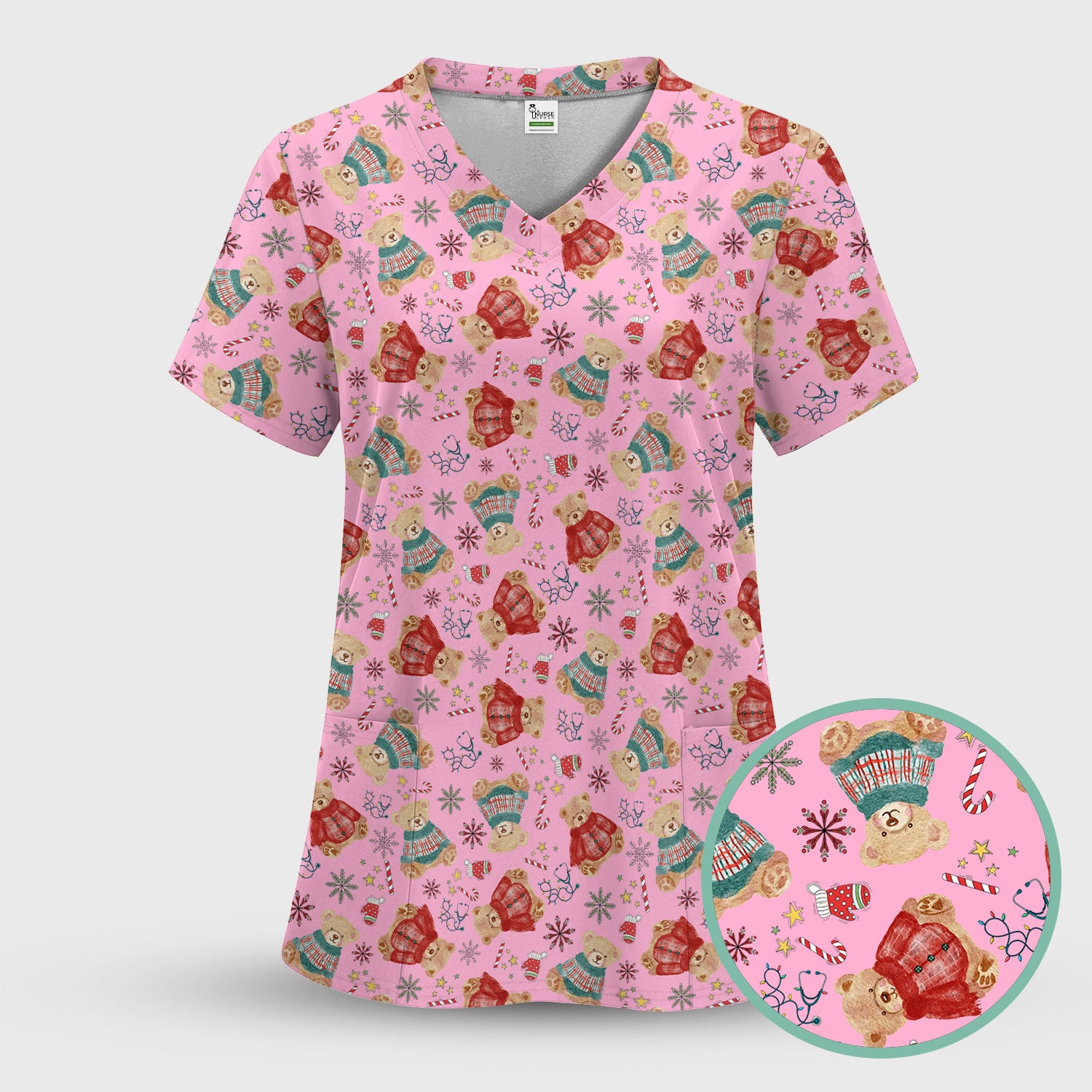 Christmas Bear Scrub Top - Cute Holiday Teddy Print Scrubs for Nurses - Funny Xmas Medical Scrub Shirt Gift for Women CNA RN