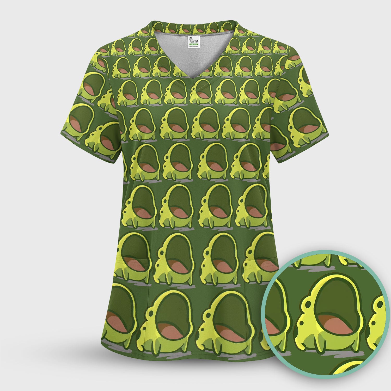 Cute Green Frog Cartoon Pattern Scrub Top, Breathable Fabrics Nursing Uniform