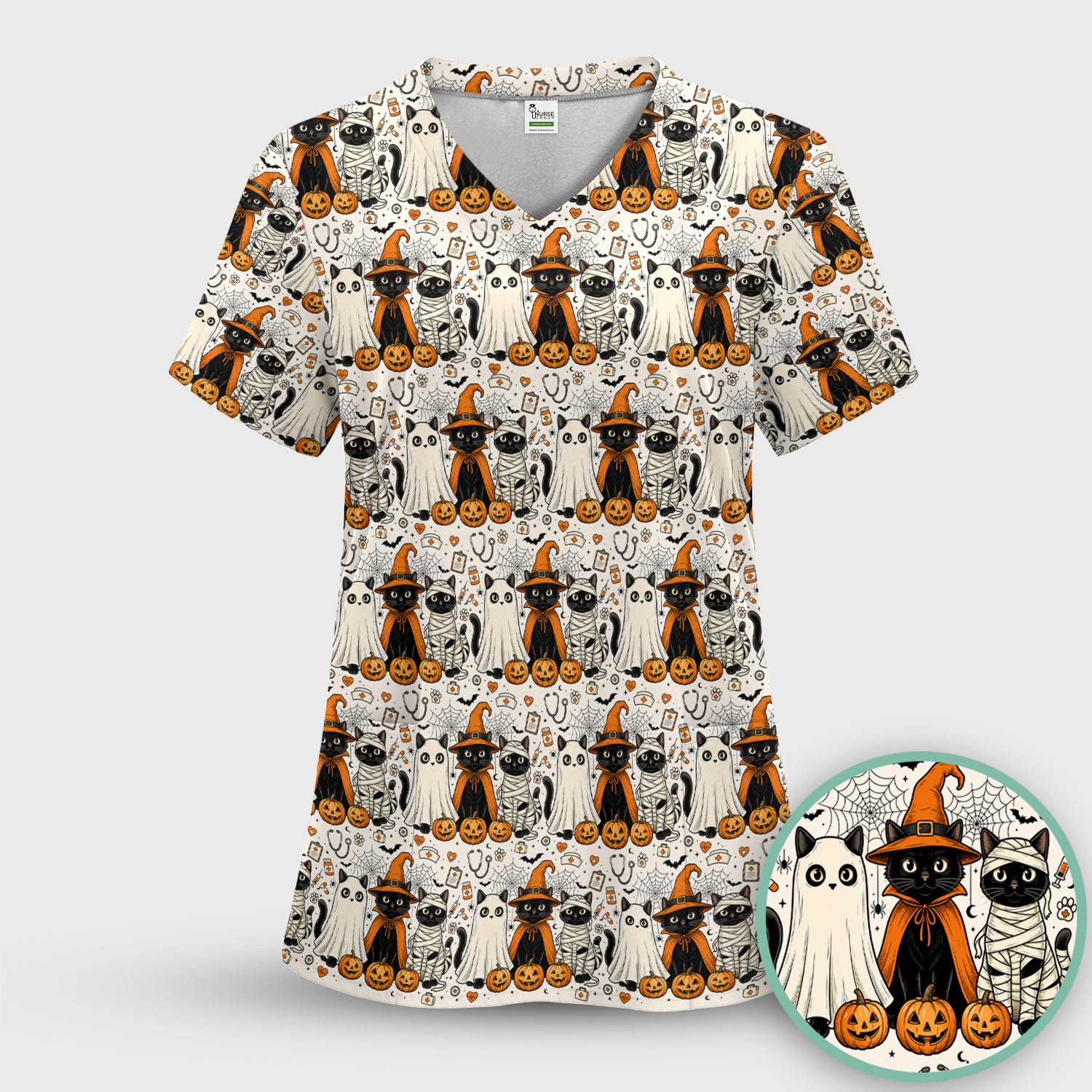 Spooky Halloween Costume Cats Scrub Top, Comfortable Scrubs for Nurses