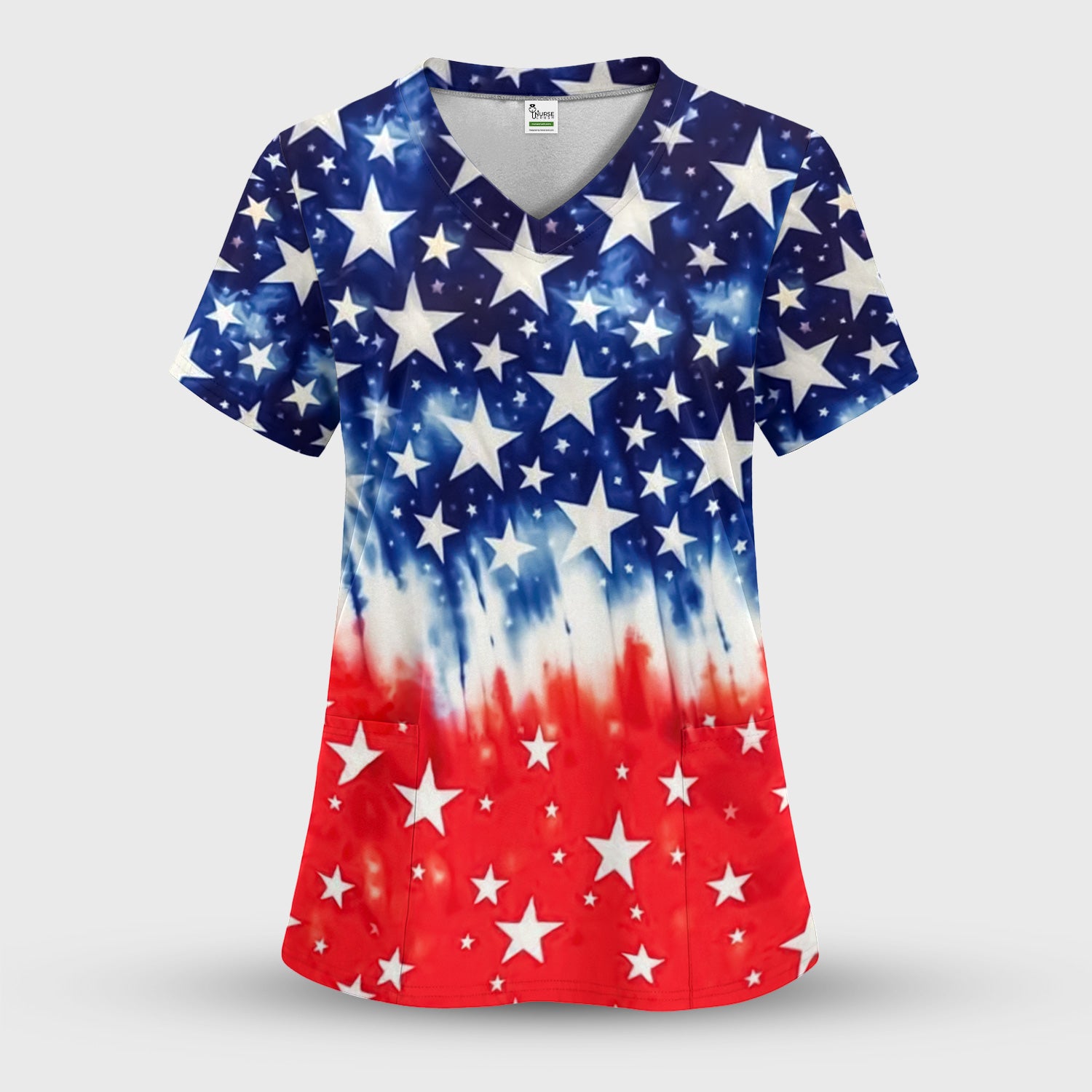 Patriotic Stars Tie Dye Pattern Scrub Set, Scrub Pants and V Neck Top