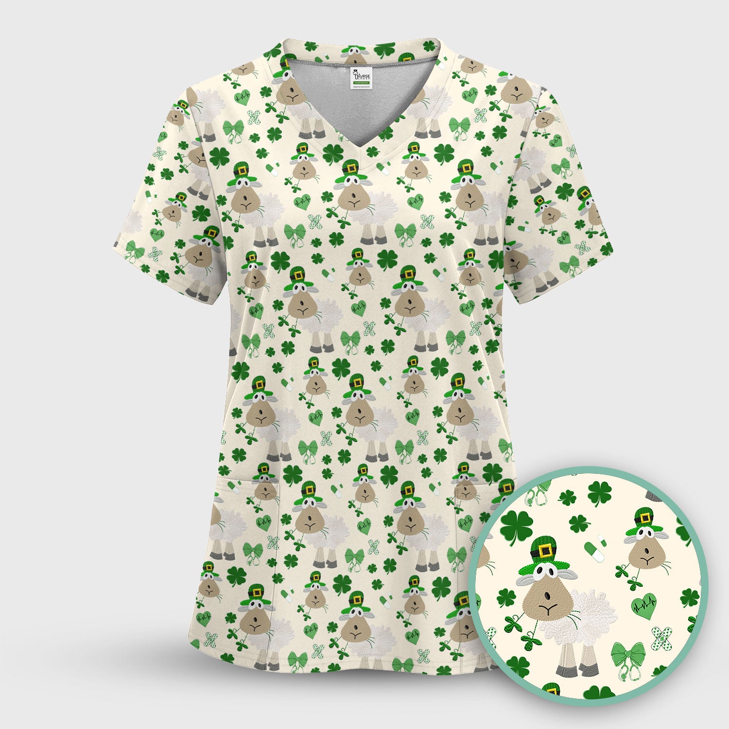 Nurse St. Patrick Scrubs Top, Cute Sheep Shamrock Pattern Nurse Shirt, Breathable Fabrics Nursing Uniform