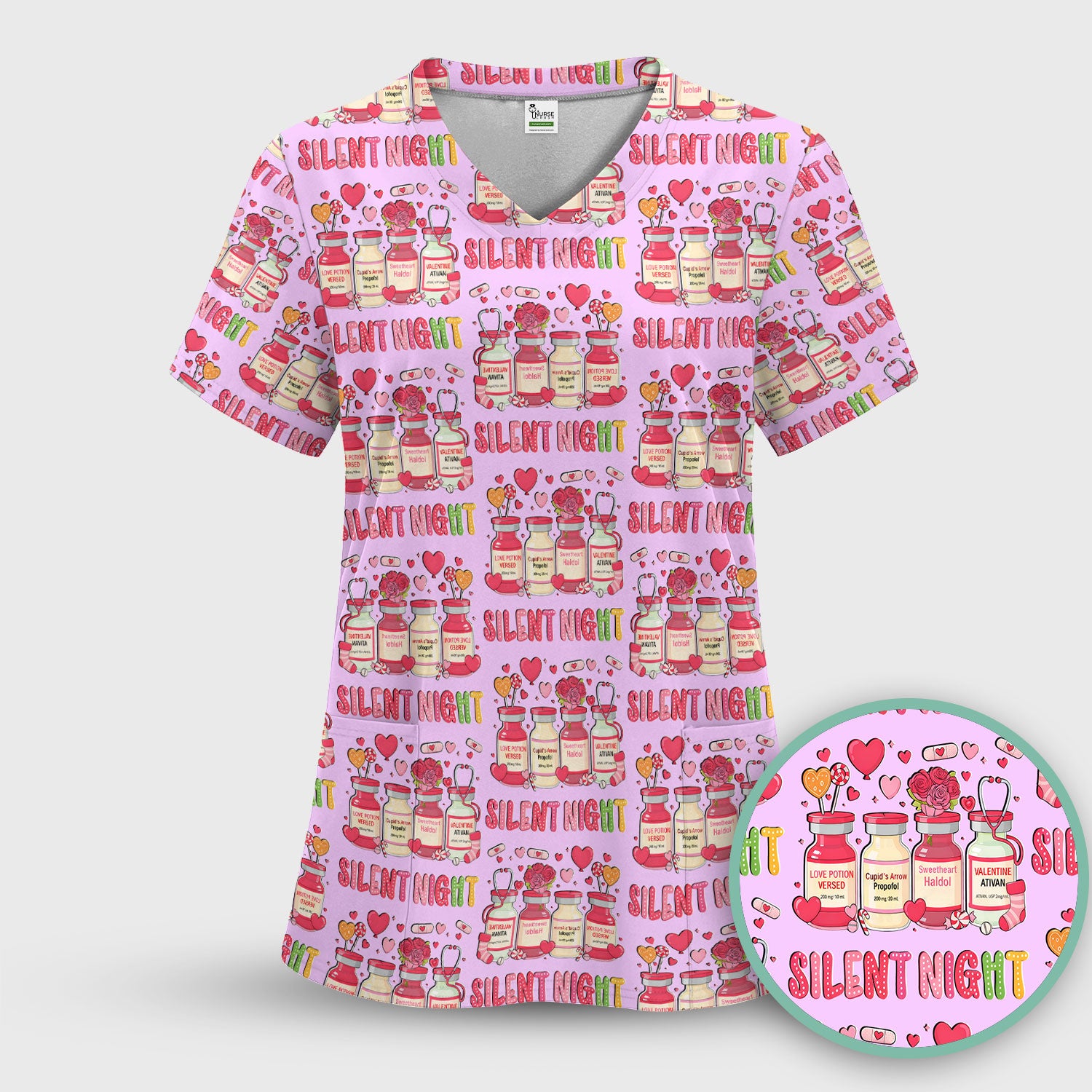 Valentine Silent Night Love Design Scrubs Set, Breathable Med Uniform