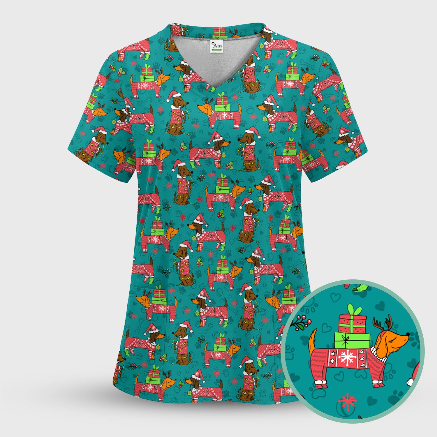 Christmas Wiener Dog Nurse Scrub Shirt - Cute Dachshund in Santa Hat - Funny Holiday Medical Uniform RN LPN CNA Gift for Women