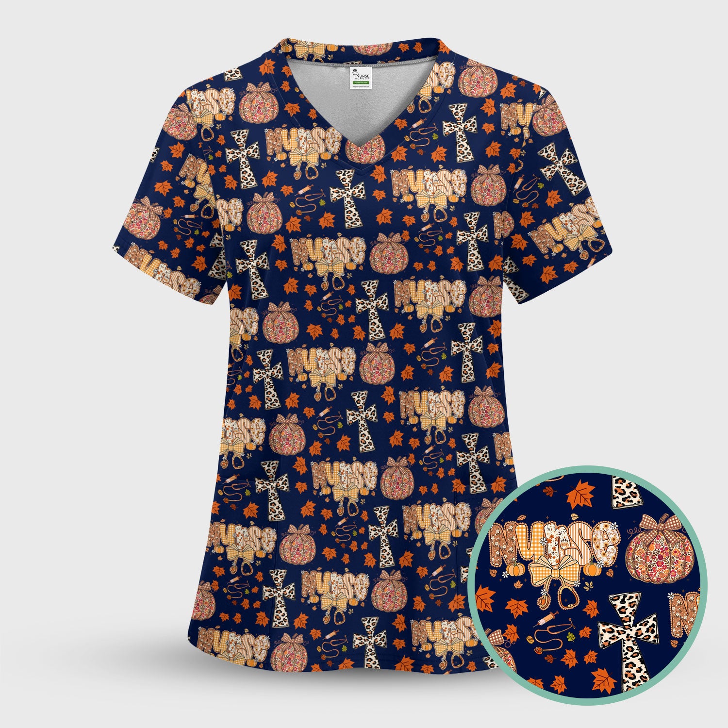 Floral Pumpkin Scrub Top for Women - Coquette Bow Thanksgiving Shirt - Comfortable Medical Uniform