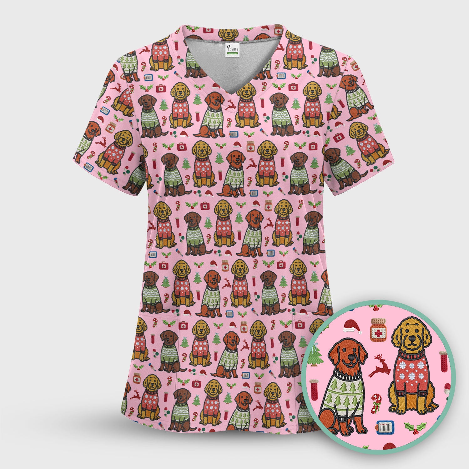 Golden Retriever Christmas Scrub Top, Cute Holiday Dog Nurse Pattern Shirt, Breathable Fabrics Nursing Uniform