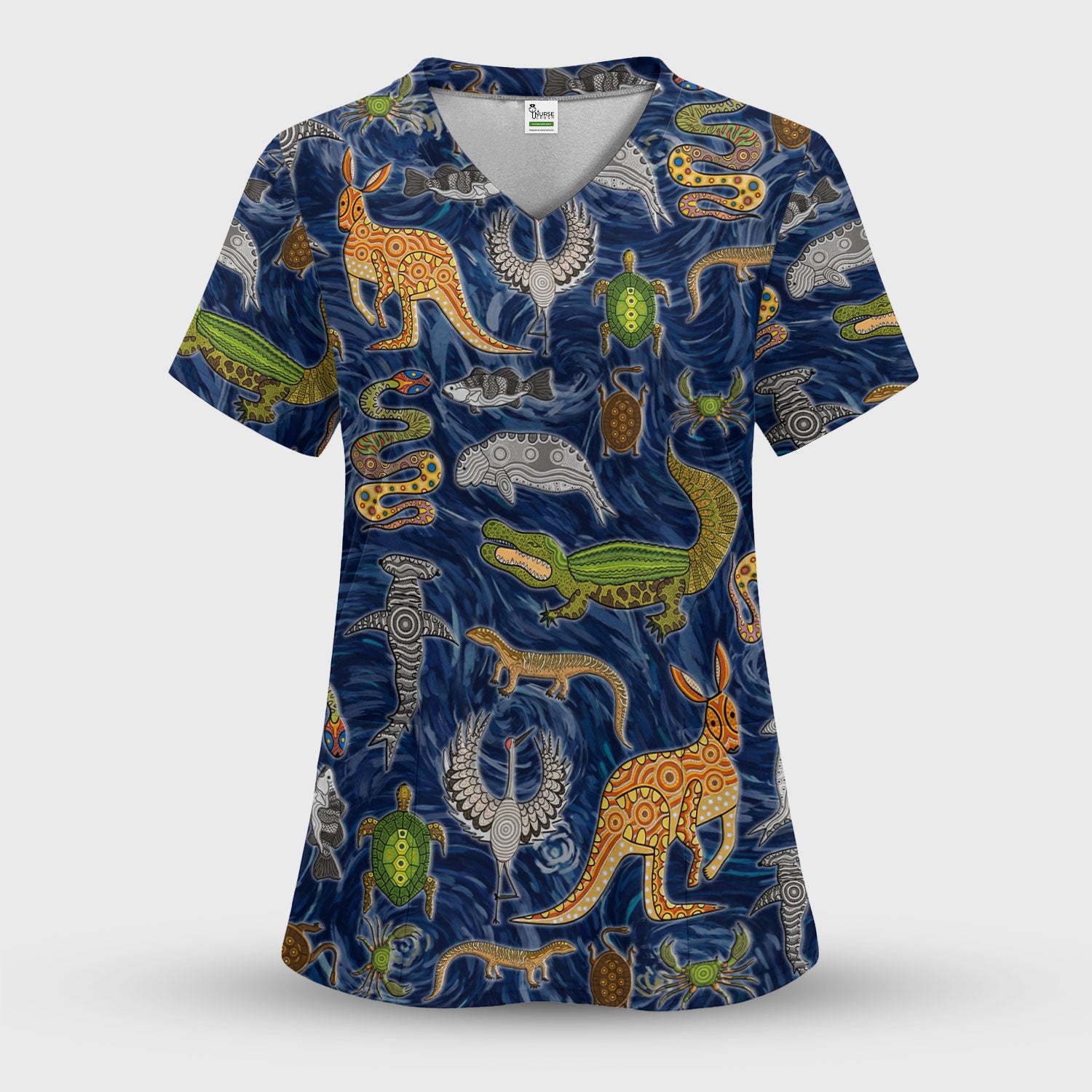 Crocodile Turtle Snake Animal Pattern Scrub Top, Comfortable Scrubs for Nurses