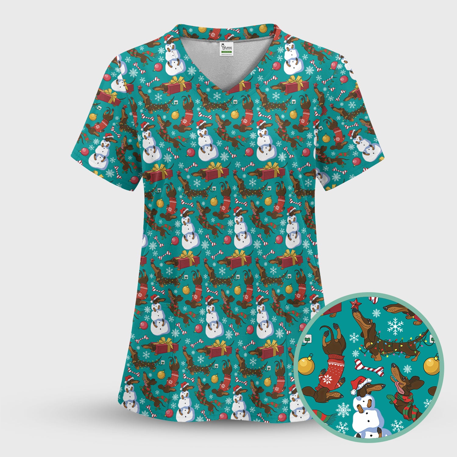 Funny Christmas Nurse Scrubs - Dachshund Dog & Snowman Print Top - Multi Color Custom Nursing Shirt Gift for Healthcare Workers