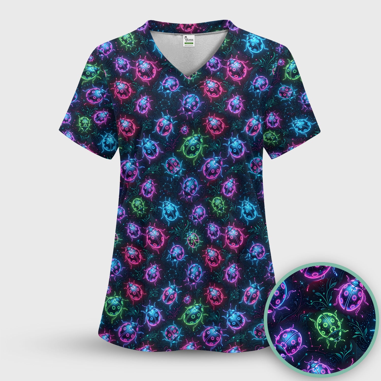 Colorful Neon Ladybug Pattern Scrub Top, Comfortable Scrubs for Nurses