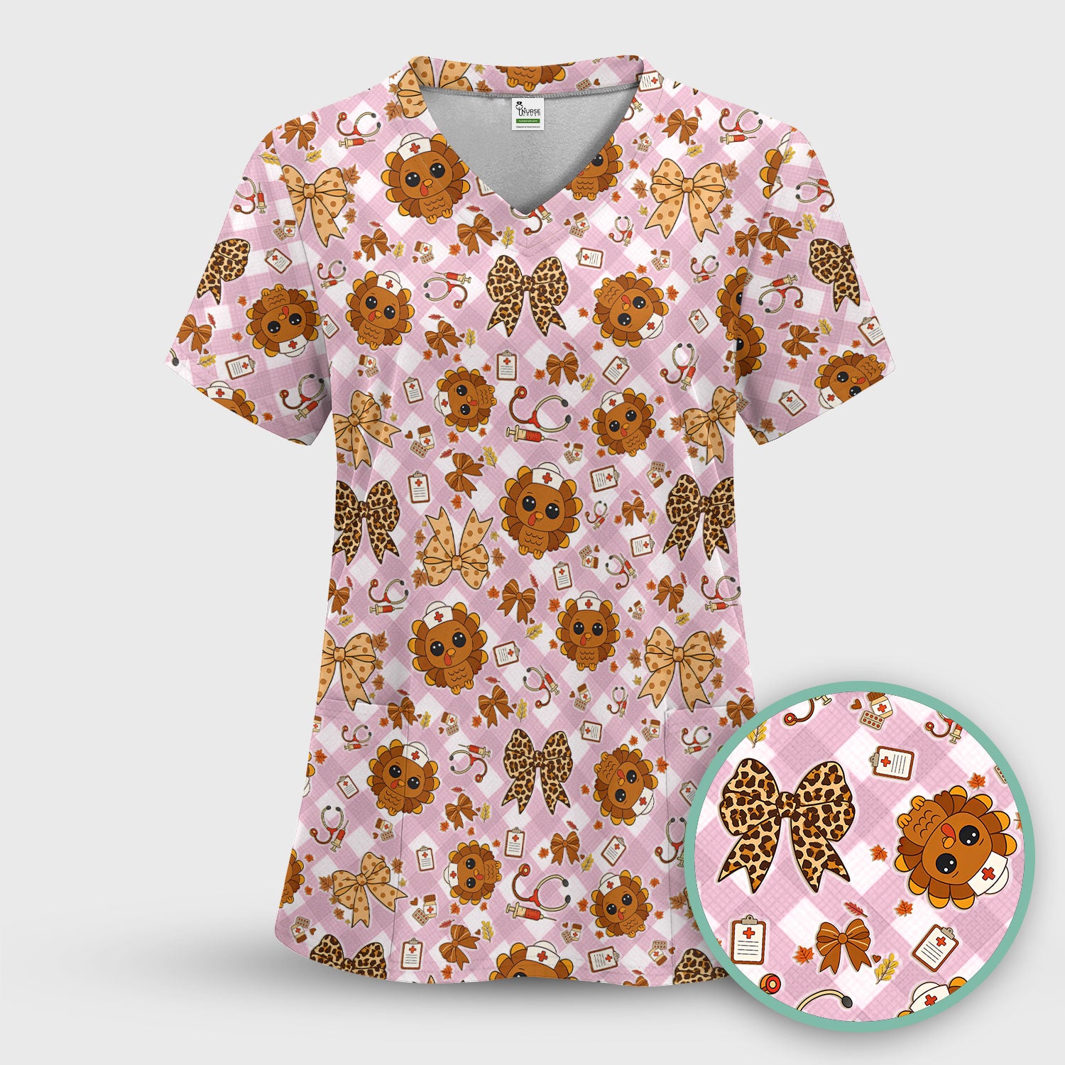 Thanksgiving Turkey Scrub Top for Nurses - Cute Fall Leaves and Bow Shirt - Funny Autumn Nursing Gift for Women RN LPN CNA