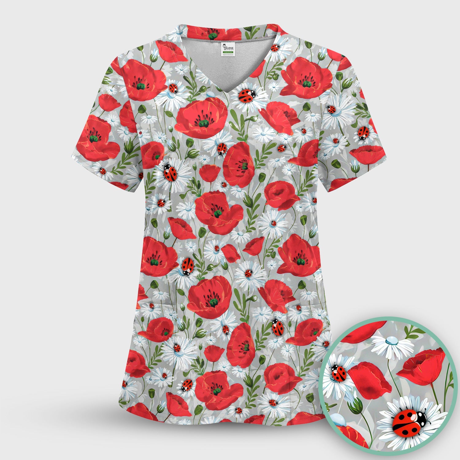 Cute Red Poppy Daisy Ladybug Floral Print Scrub Top, Comfortable Scrubs for Nurses