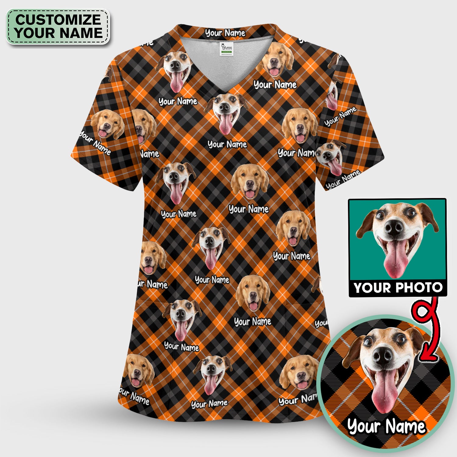 Personalized Halloween Dog Photo Plaid Scrub Set, Scrub Pants and V Neck Top