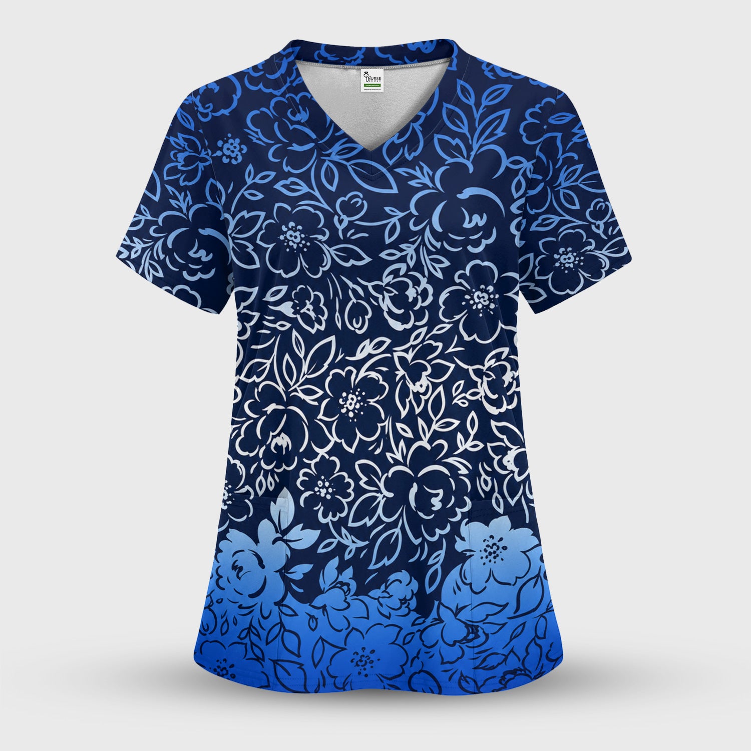 Navy Botanical Flower Print Scrub Top, Comfortable Scrubs for Nurses