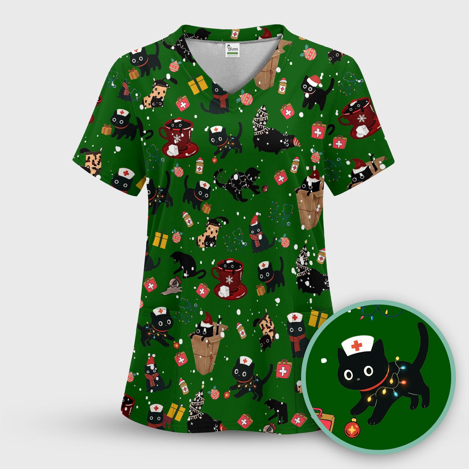 Funny Cat Scrub for Women - Christmas Black Cats Comfortable Scrubs for Nurses - Breathable Fabrics Nursing Uniform