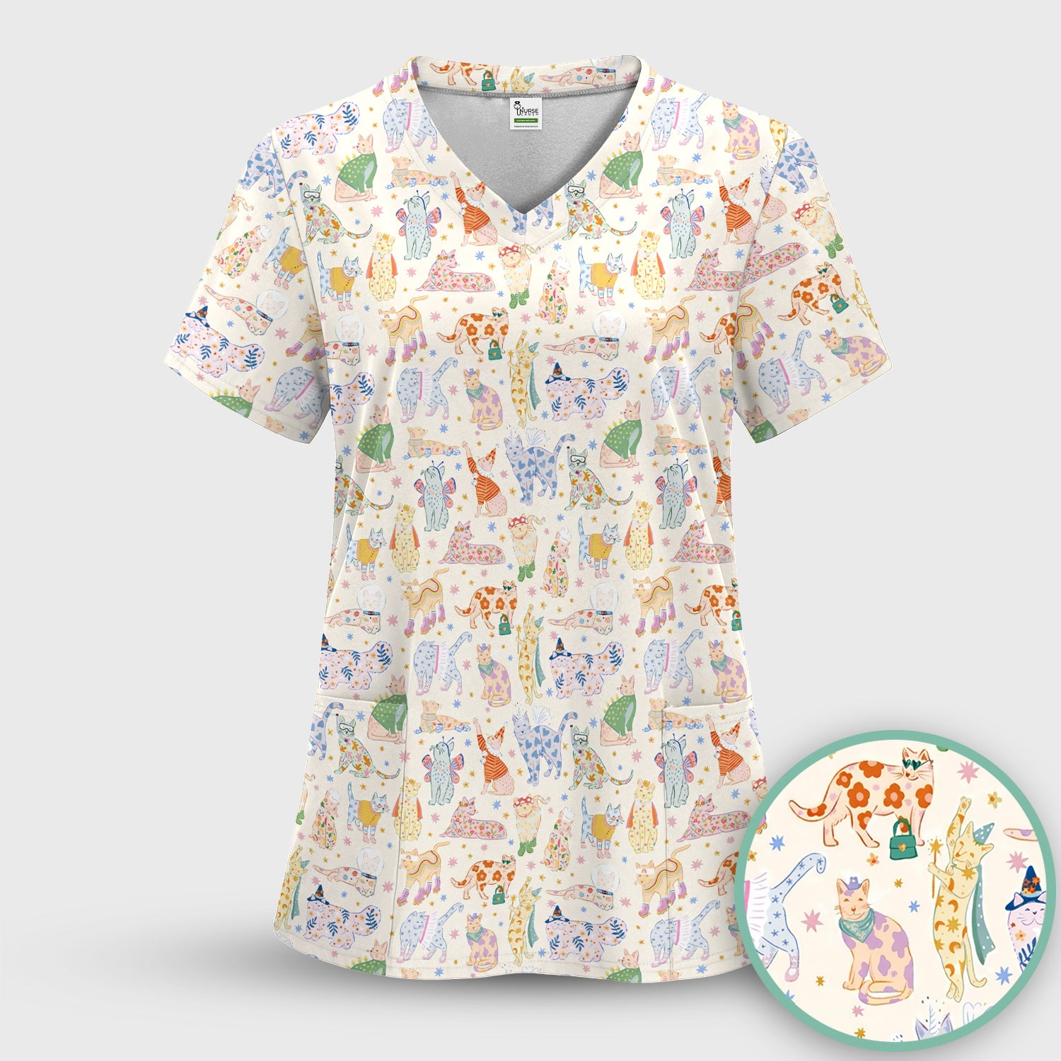 Cute Colorful Cats Pattern Scrub Set, Scrub Pants and V Neck Top