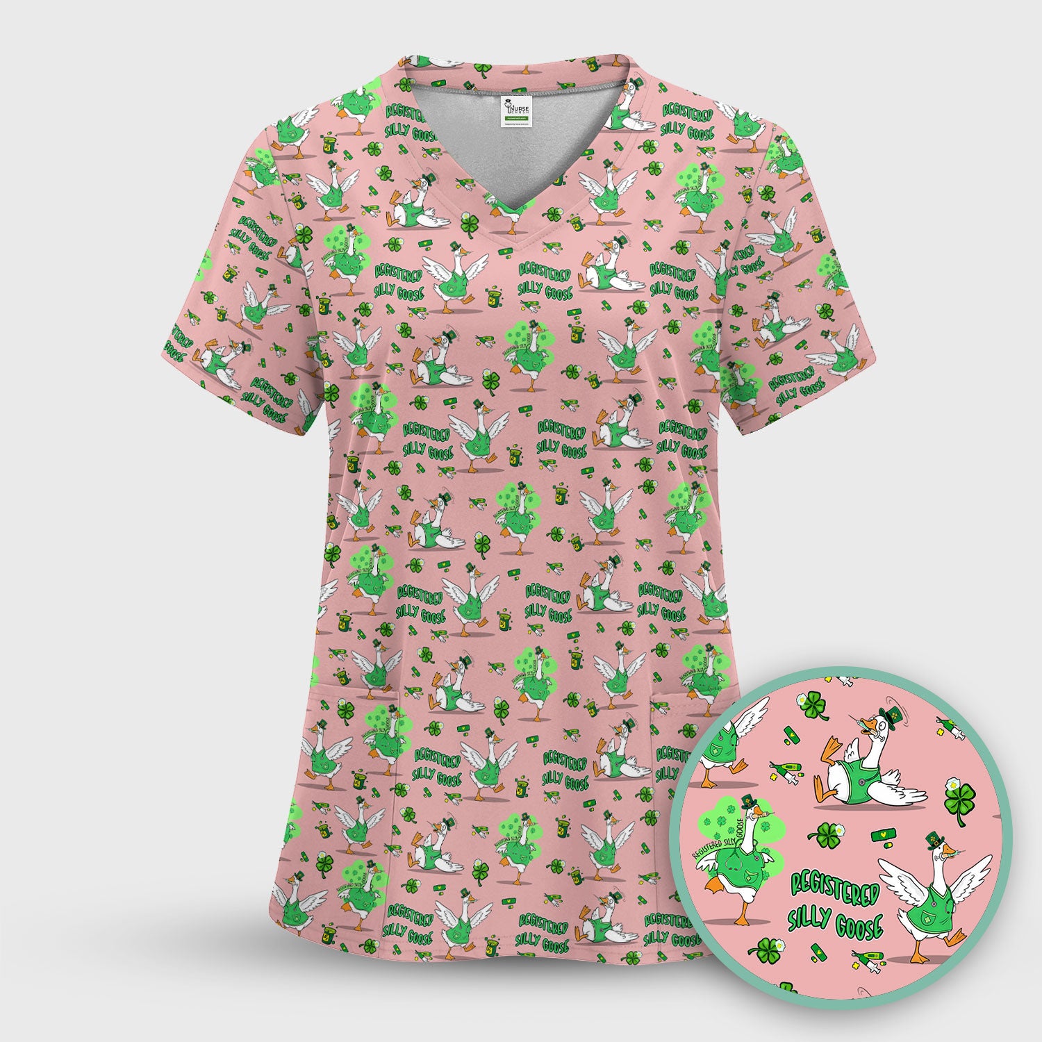Silly Goose St. Patrick’s Day Scrub Top, Funny Goose Shamrock Pattern Nurse Scrub Shirt, Irish Green Nursing Uniform