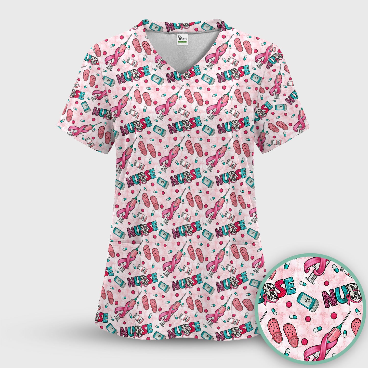 Pink Ribbon with Recovery Print Scrub Top, Comfortable Scrubs for Nurses