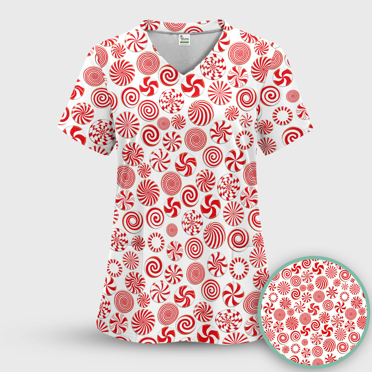 Christmas Peppermint Candy Pattern Scrub Top, Comfortable Scrubs for Nurses