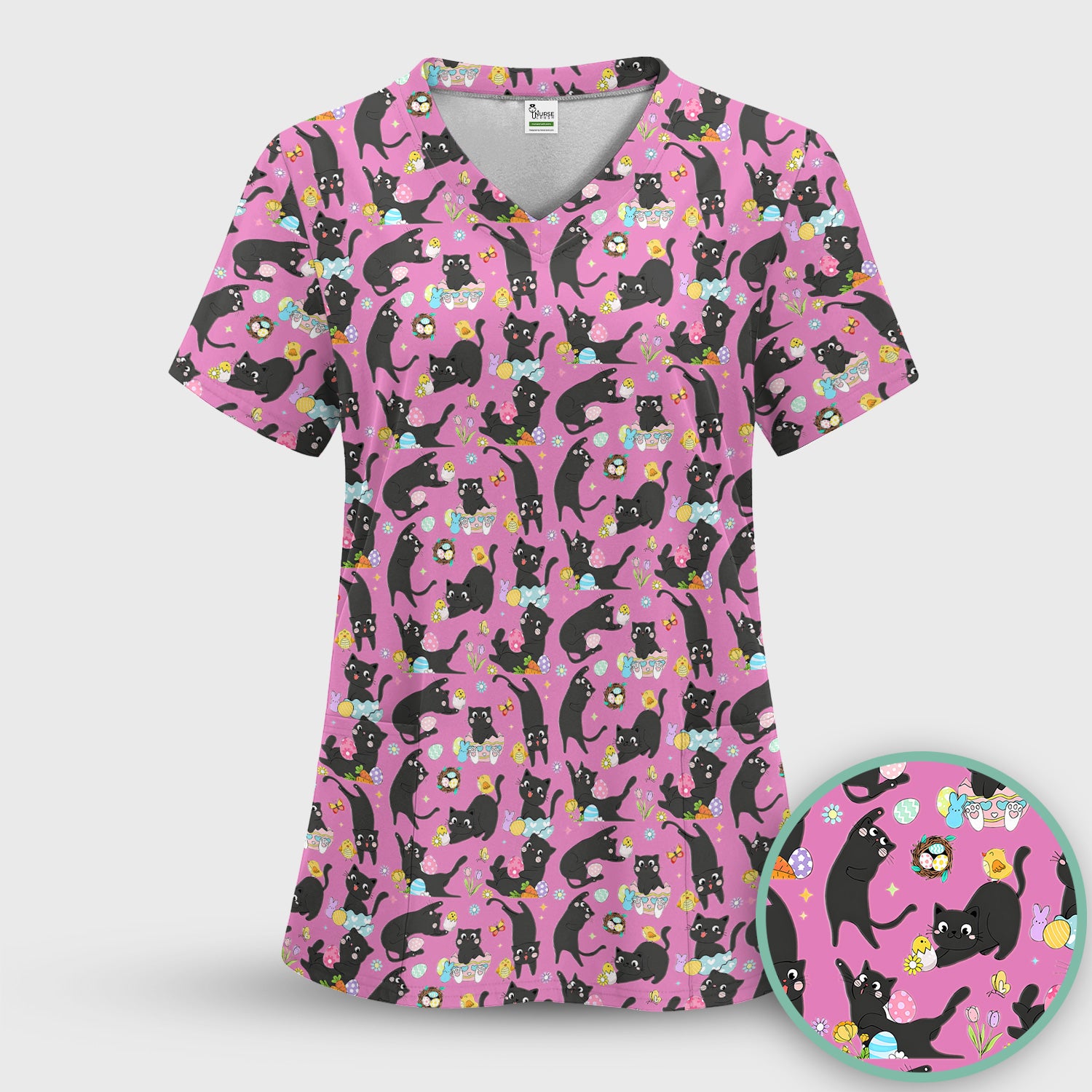 Playful Black Cat Easter Egg Pattern Scrub Top, Comfortable Scrubs for Nurses