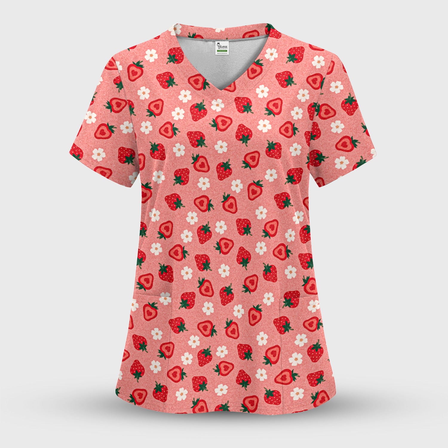 Sweet Strawberry Blossom Print Scrub Set, Women's Scrub Sets