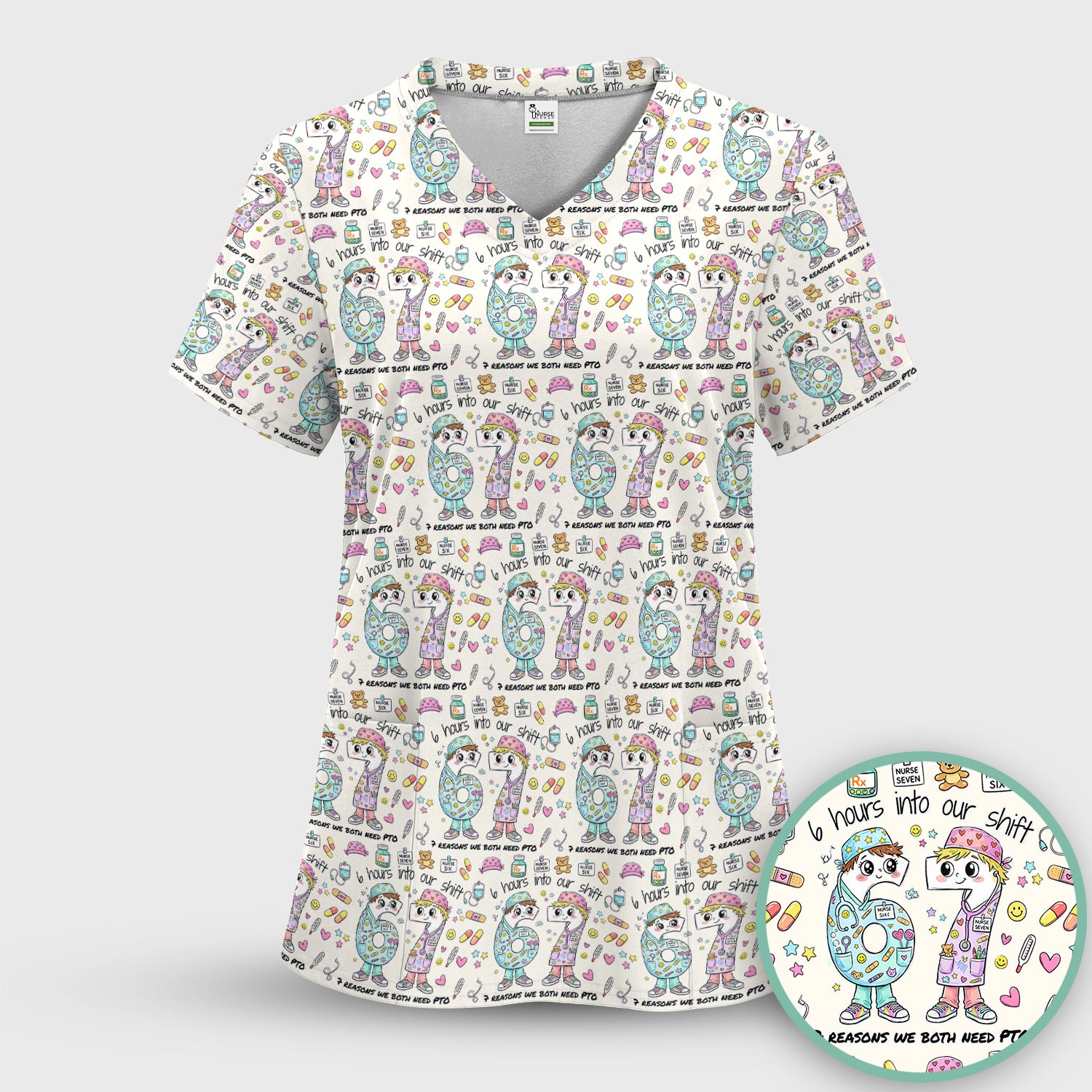 Cartoon Characters Six Hours Into Shift With Medical Doodle Scrub Set, Breathable Med Uniform
