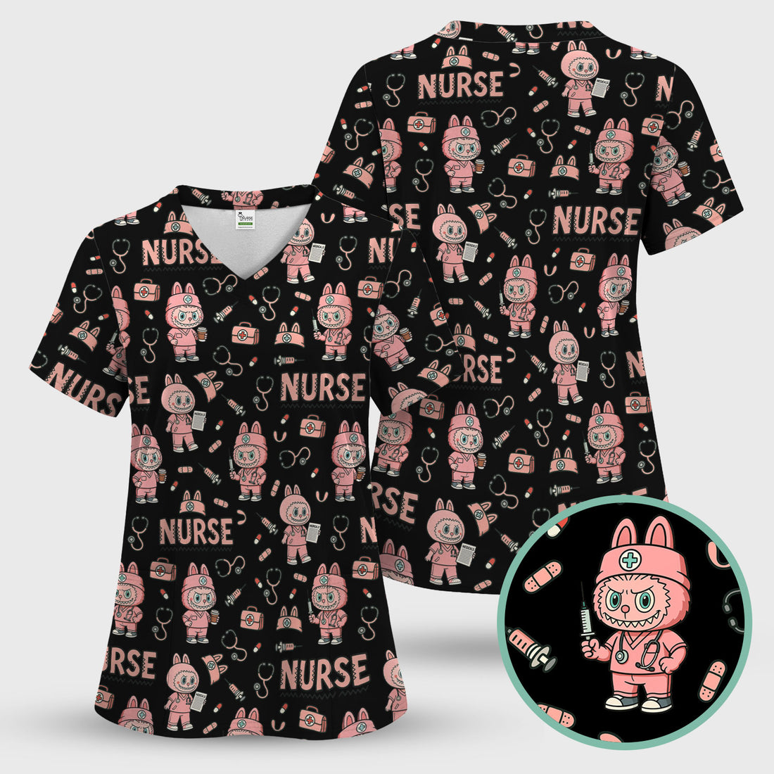 Bunny Cartoon Nurse Scrub Shirt  Cute Medical Top for Women CNA RN Doctor - Fun Scrubs Gift Idea for Nurses, Students, Holiday Season