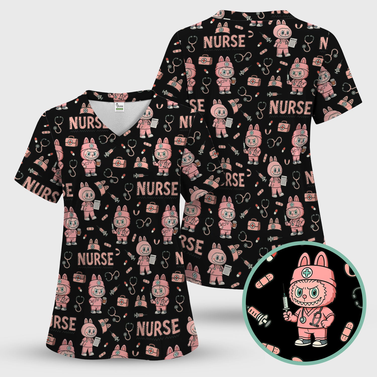 Bunny Cartoon Nurse Scrub Shirt  Cute Medical Top for Women CNA RN Doctor - Fun Scrubs Gift Idea for Nurses, Students, Holiday Season