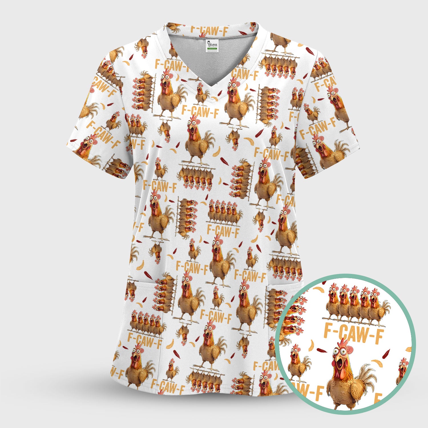 Funny Chicken Nurse Scrub Top for Women - Crazy Rooster F-CAW-F Medical Shirt - Quirky Farm Animal Nursing Uniform Gift RN LPN CNA