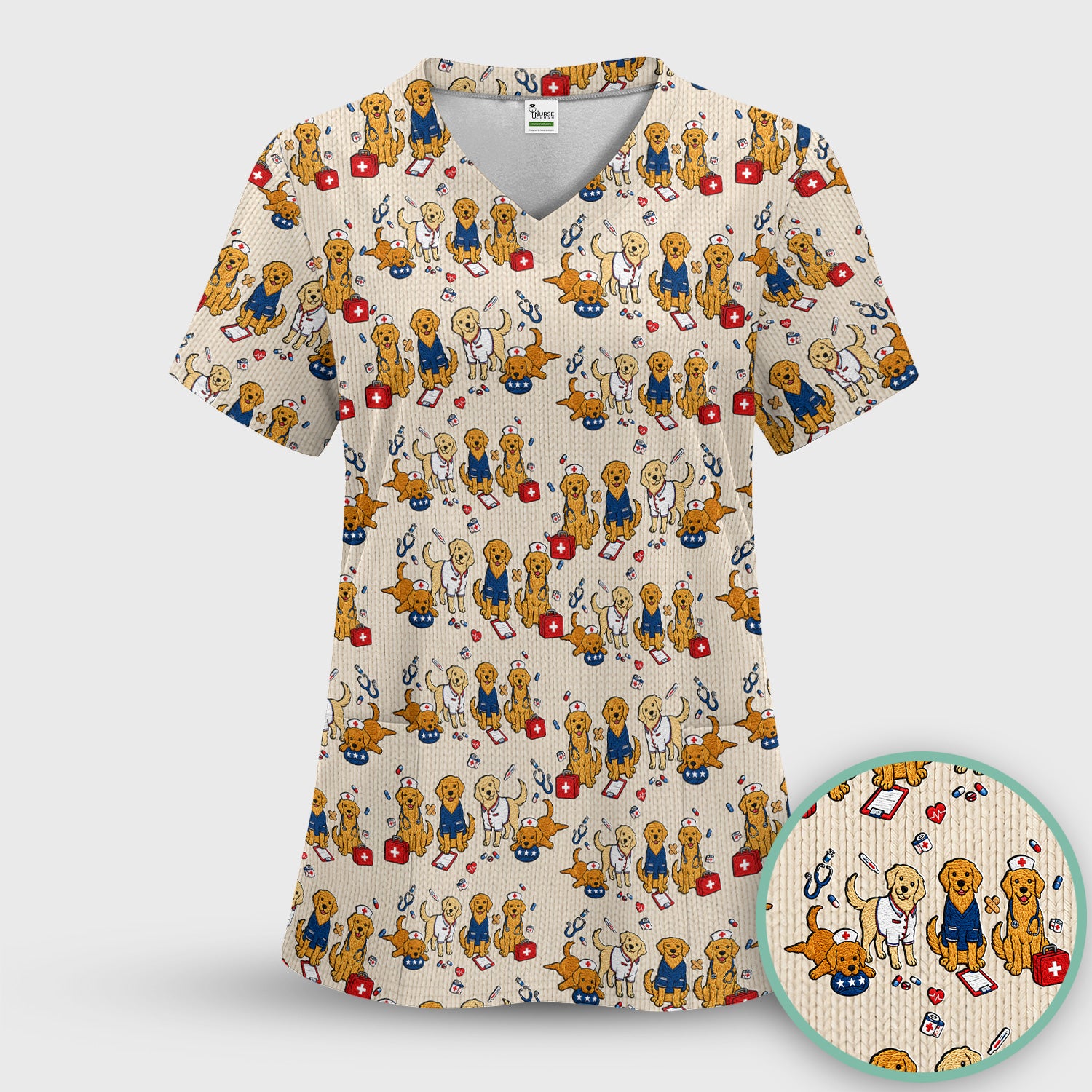 Golden Retriever Nurse Dog Pattern Scrub Top, Breathable Fabrics Nursing Uniform Scrub Set, Scrub Pants and V Neck Top