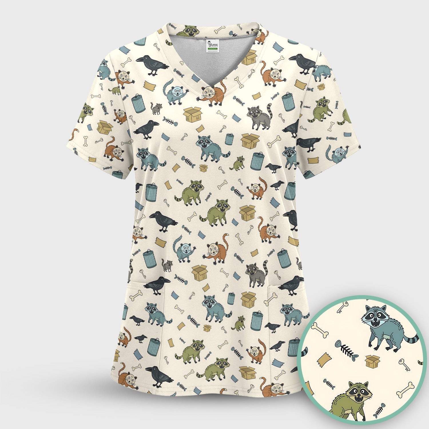 Funny Trash Raccoon Pattern Scrub Set, Scrub Pants and V Neck Top