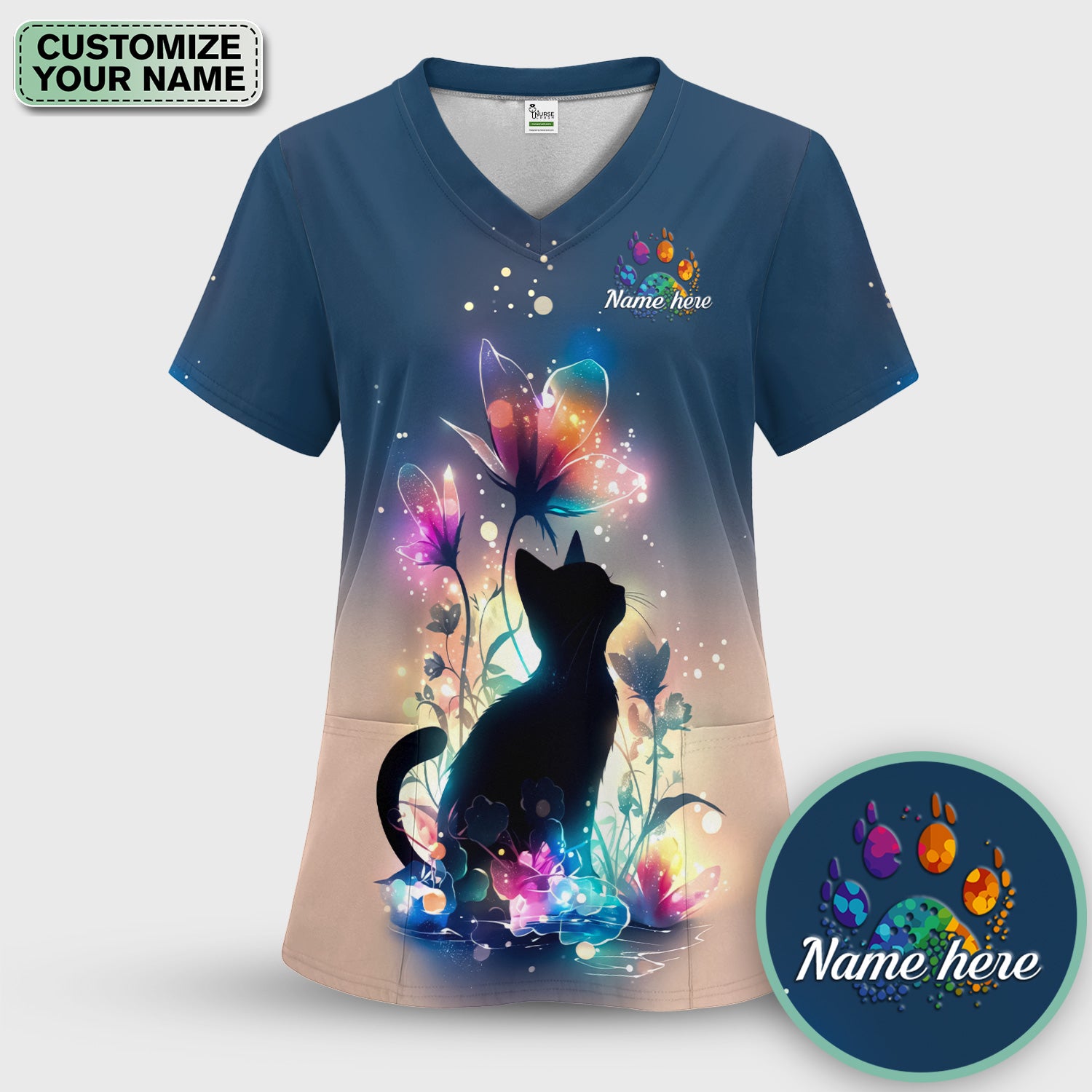 Custom Name Cat Floral Glow Pattern Scrub Top, Breathable Fabrics Nursing Uniform