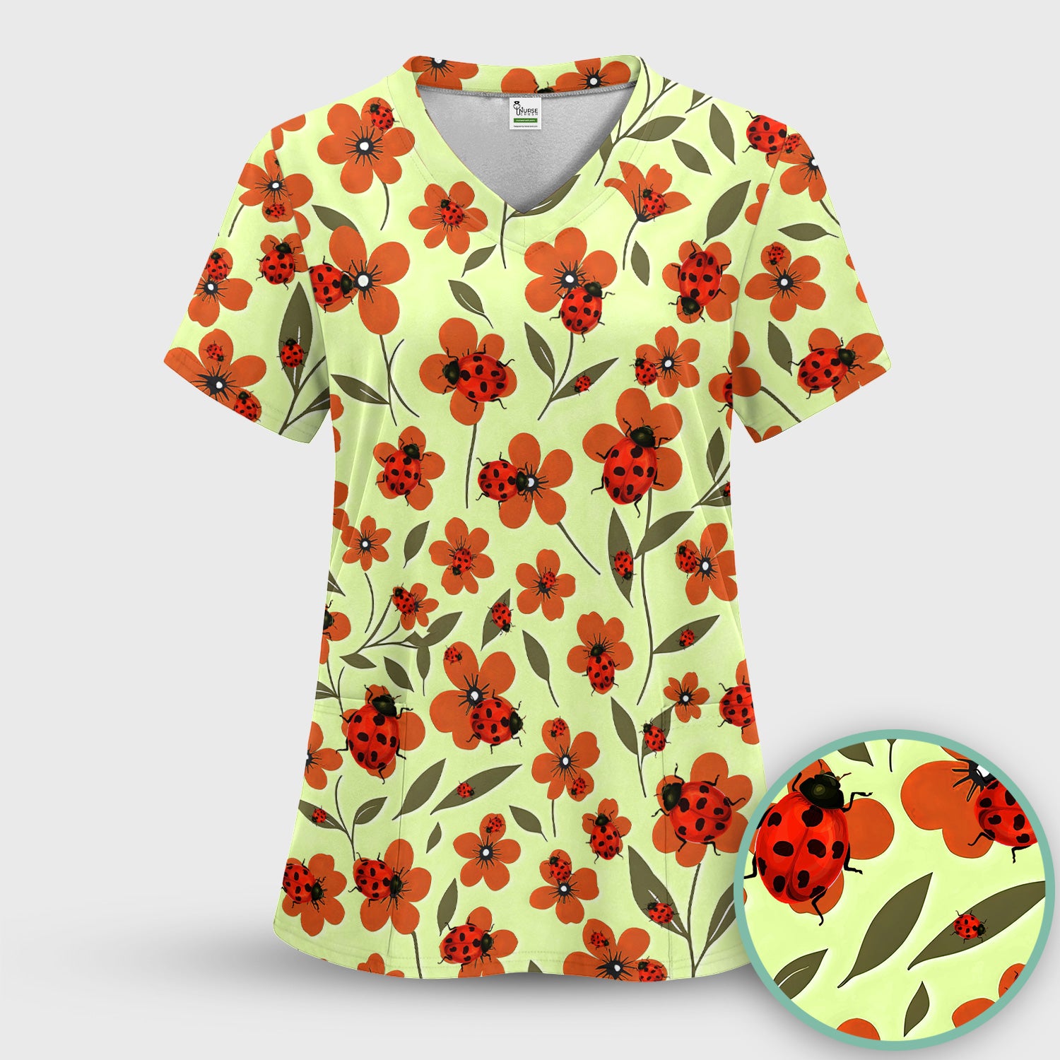 Ladybug on Orange Floral Garden Pattern Scrub Top, Comfortable Scrubs for Nurses