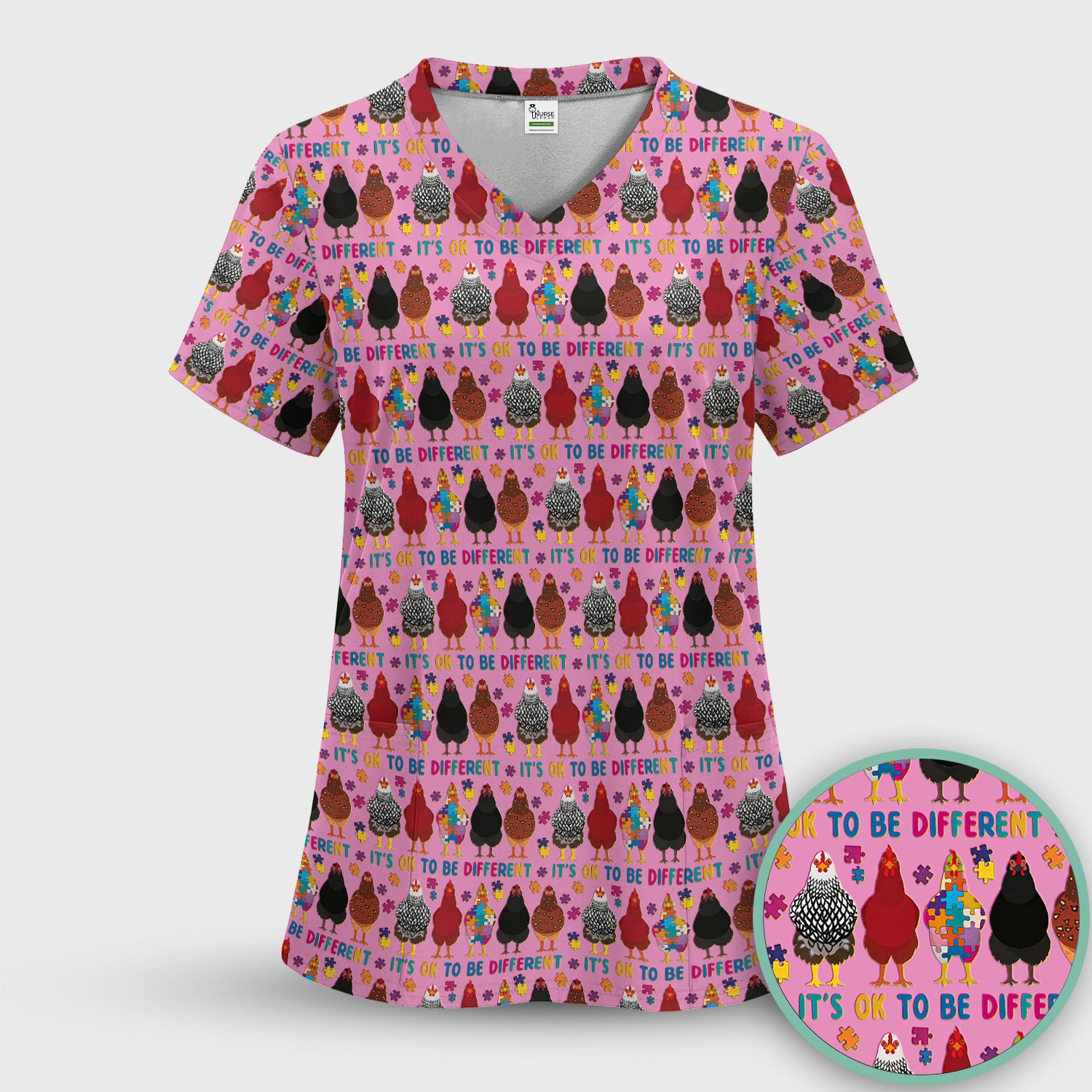 Autism Chicken It’s OK to Be Different Print Scrub Top, Comfortable Scrubs for Nurses