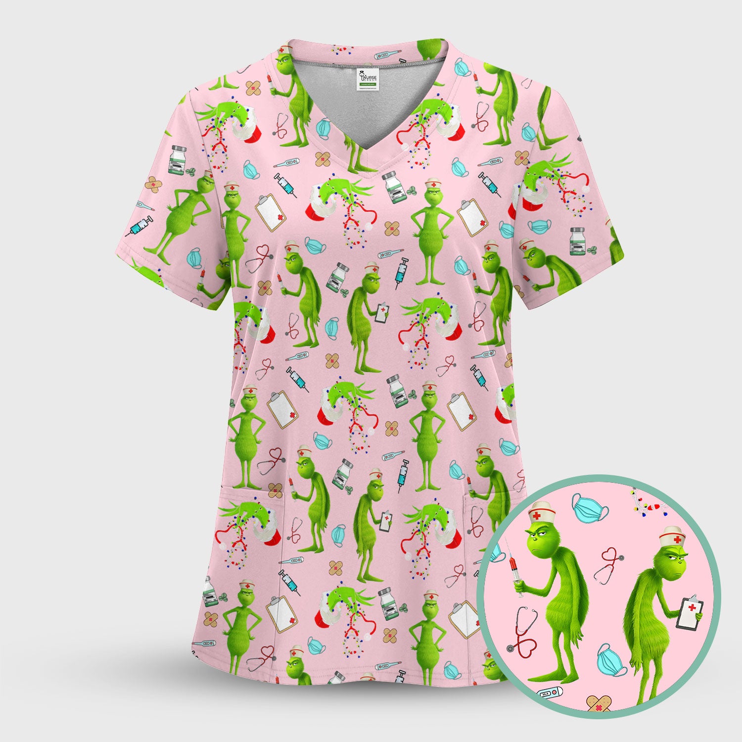 Custom Grinch Nurse Scrub Top - Funny Christmas Scrub Shirt Multi Color - Cute Holiday Nursing Workwear with Pockets