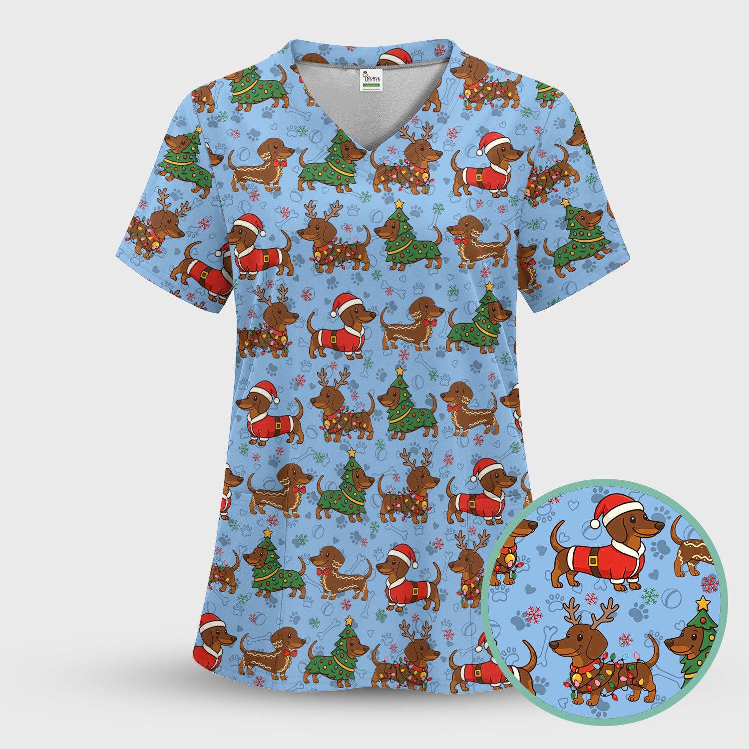 Christmas Dachshund Scrub Top - Funny Sausage Dog Wiener Holiday Nurse Shirt - Xmas Medical Uniform Gift for RN CNA LPN