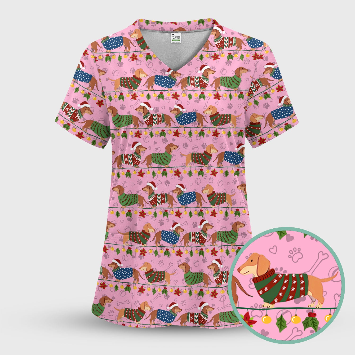 Christmas Dachshund Scrub Top - Cute Dog Print Scrubs for Women, Men Multi Color - Holiday Scrub Shirt Gift for Nurse, CNA, RN, Doctor