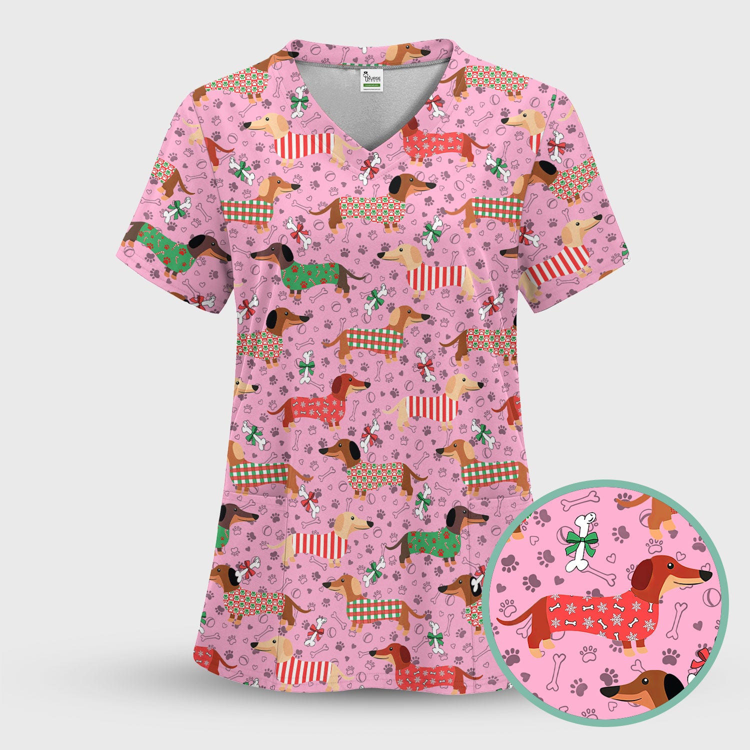 Christmas Sausage Dog Scrub Top - Festive Dachshund Holiday Nursing Shirt - Cute Puppy Lover Gift