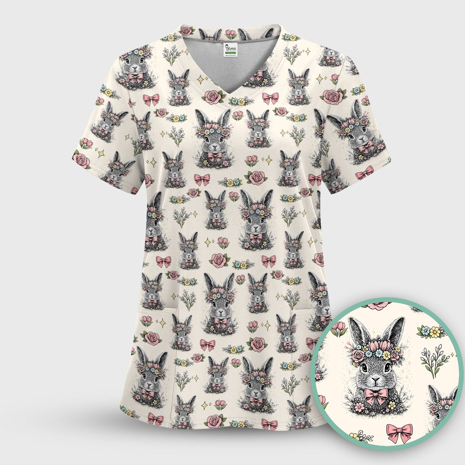Vintage Floral Bunny Print Scrub Set, Scrub Pants and V Neck Top