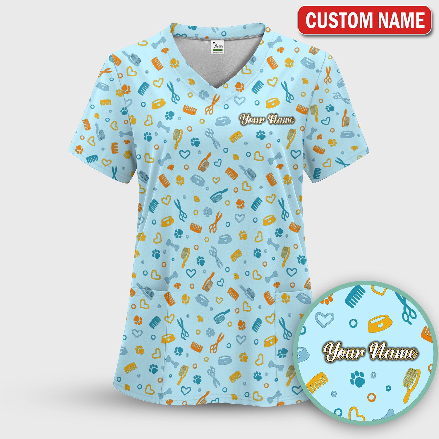 Custom Name Dog Cat Grooming Pattern Scrub Top, Breathable Fabrics Nursing Uniform